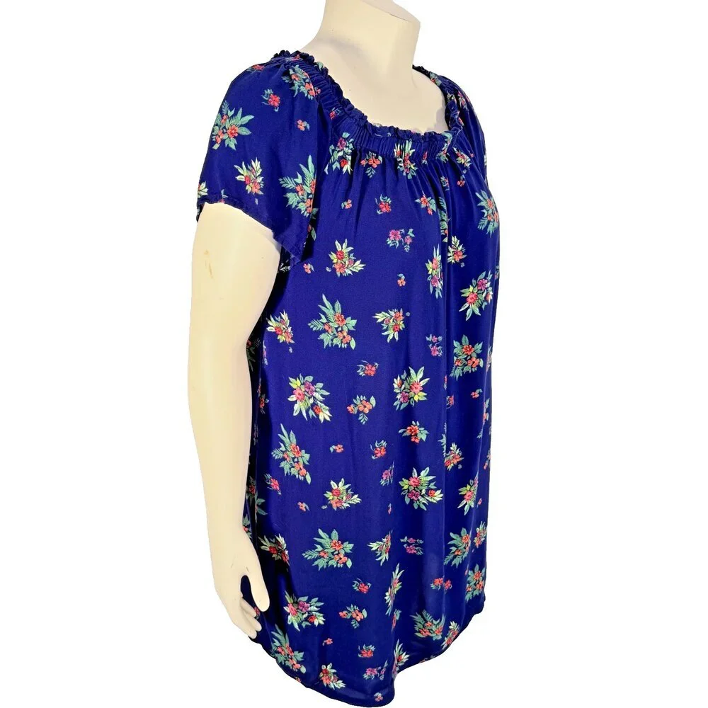 Peyton & Parker Casual Dress Size L Short Sleeve Gathered Neck Royal Blue Floral